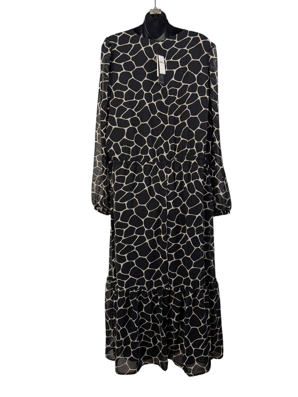 Banana Republic Black Cream Giraffe Print Tiered Long Sleeve Midi Dress NWT XL - Picture 2 of 9